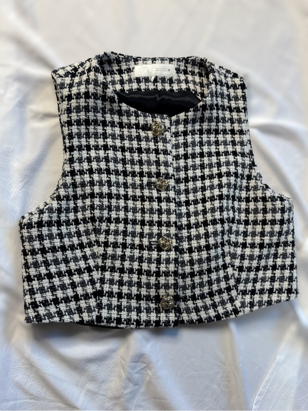 Zara Black & White Houndstooth Tweed Vest Button Top Small - Picture 3 of 5